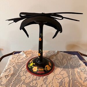 Black Pancake Hat Linen Look with Jaunty Feather & Bow Accent. c1952 MCM